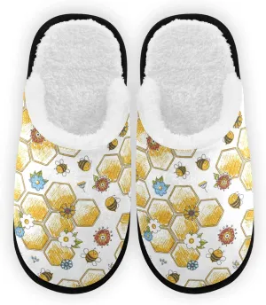Dussdil Bees Honeycomb House Slippers Floral Honey Home Spa Slippers Memory Foam Closed Toe Slipper Non Slip for Hotel Bedroom Travel Shoes Women Men M