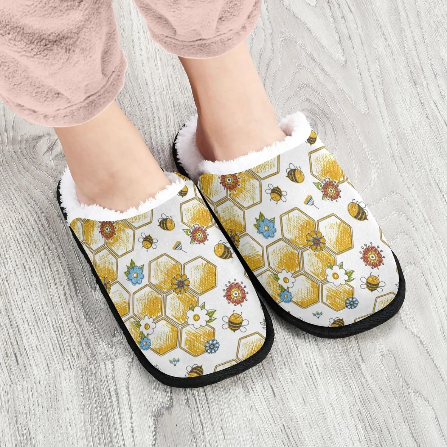 Dussdil Bees Honeycomb House Slippers Floral Honey Home Spa Slippers Memory Foam Closed Toe Slipper Non Slip for Hotel Bedroom Travel Shoes Women Men M
