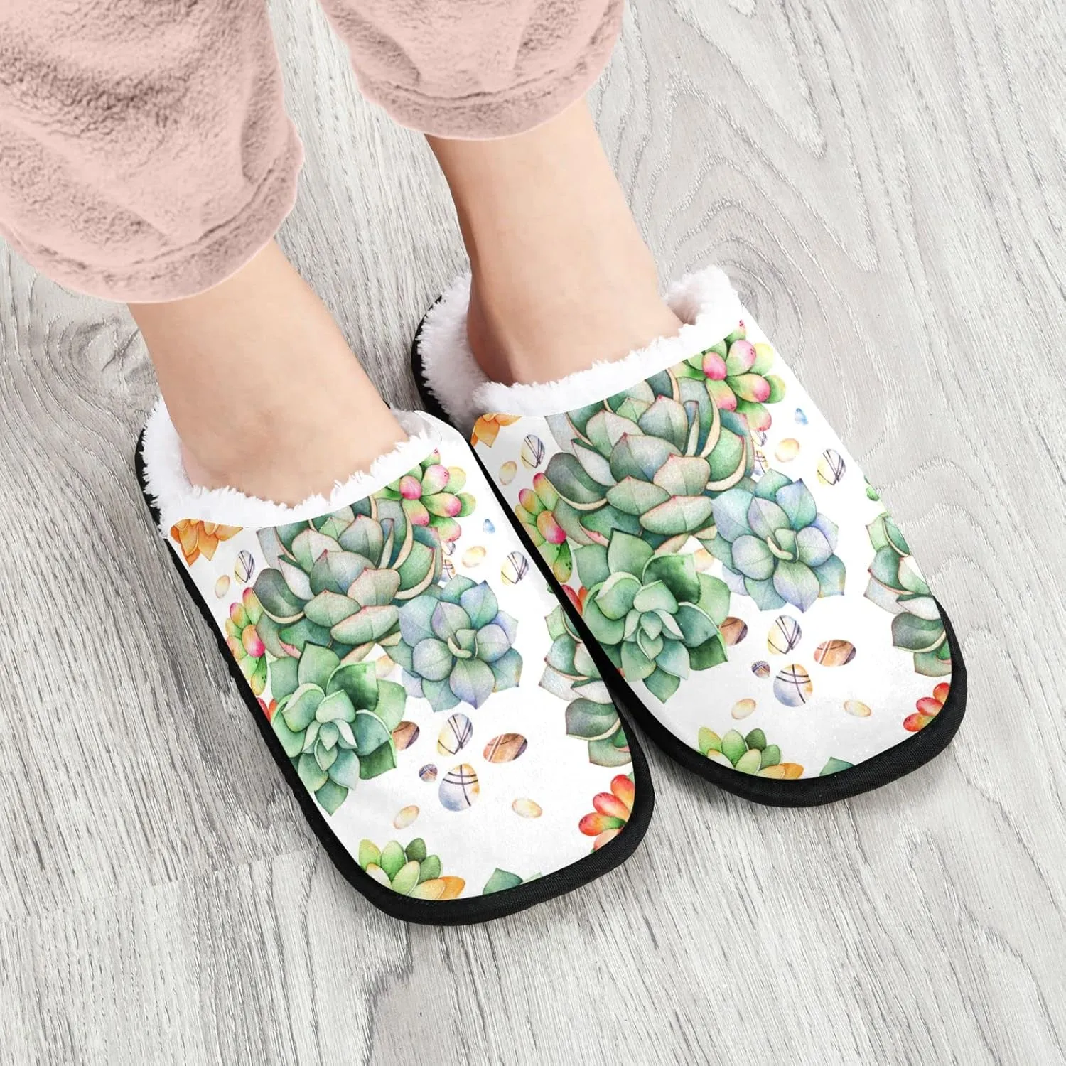 Dussdil Succulents Pebbles Floral Spa Slippers Cacti Branches Home Spa Slippers Shoes for Men Women Memory Foam Closed Toe Slipper Non Slip for House Hotel Bedroom Travel M