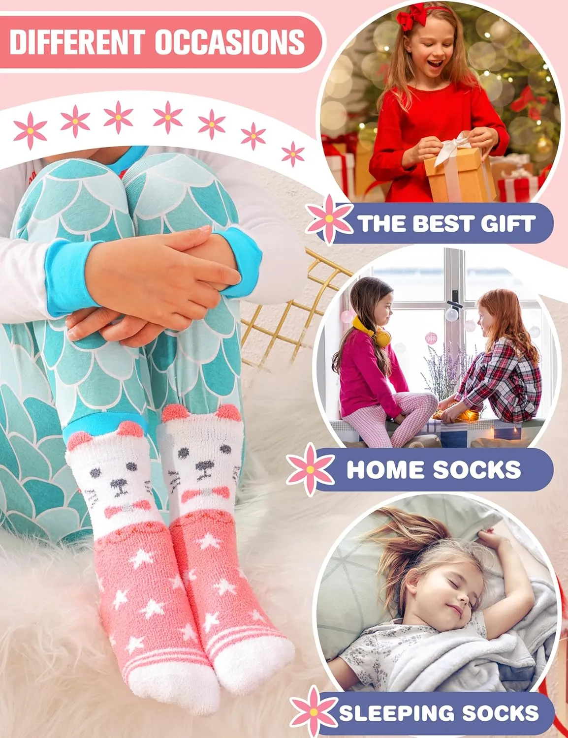 EBMORE Girls Kids Toddler Fuzzy Socks with Grips Non Slip Slipper Socks Crew Cabin Cozy Fluffy Warm Winter Socks 6 Pairs