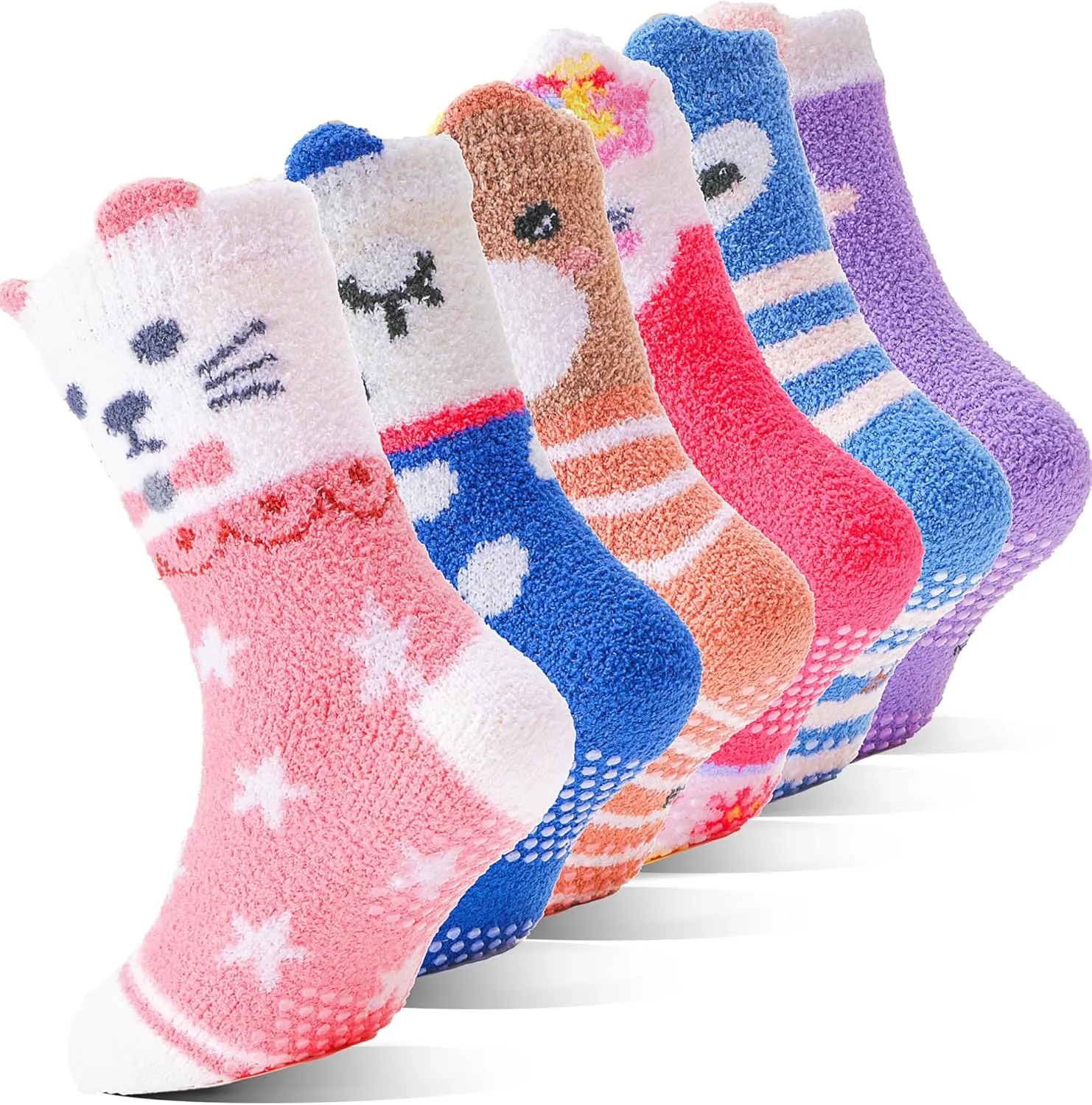 EBMORE Girls Kids Toddler Fuzzy Socks with Grips Non Slip Slipper Socks Crew Cabin Cozy Fluffy Warm Winter Socks 6 Pairs