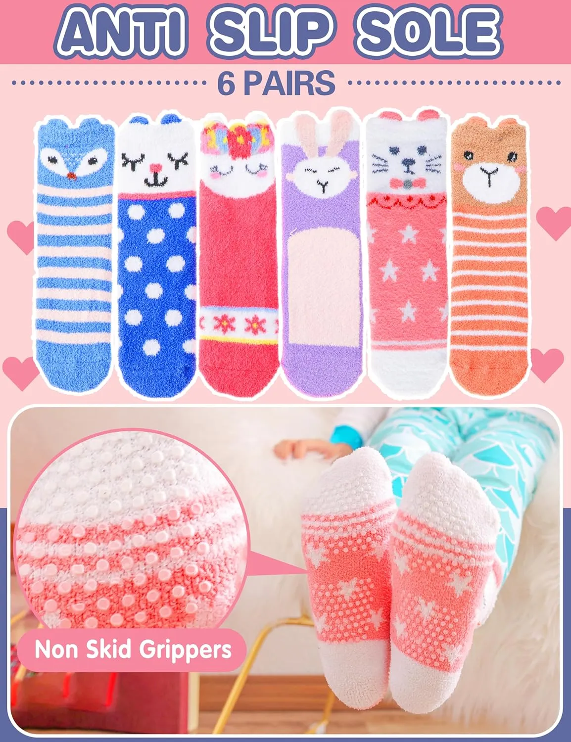 EBMORE Girls Kids Toddler Fuzzy Socks with Grips Non Slip Slipper Socks Crew Cabin Cozy Fluffy Warm Winter Socks 6 Pairs