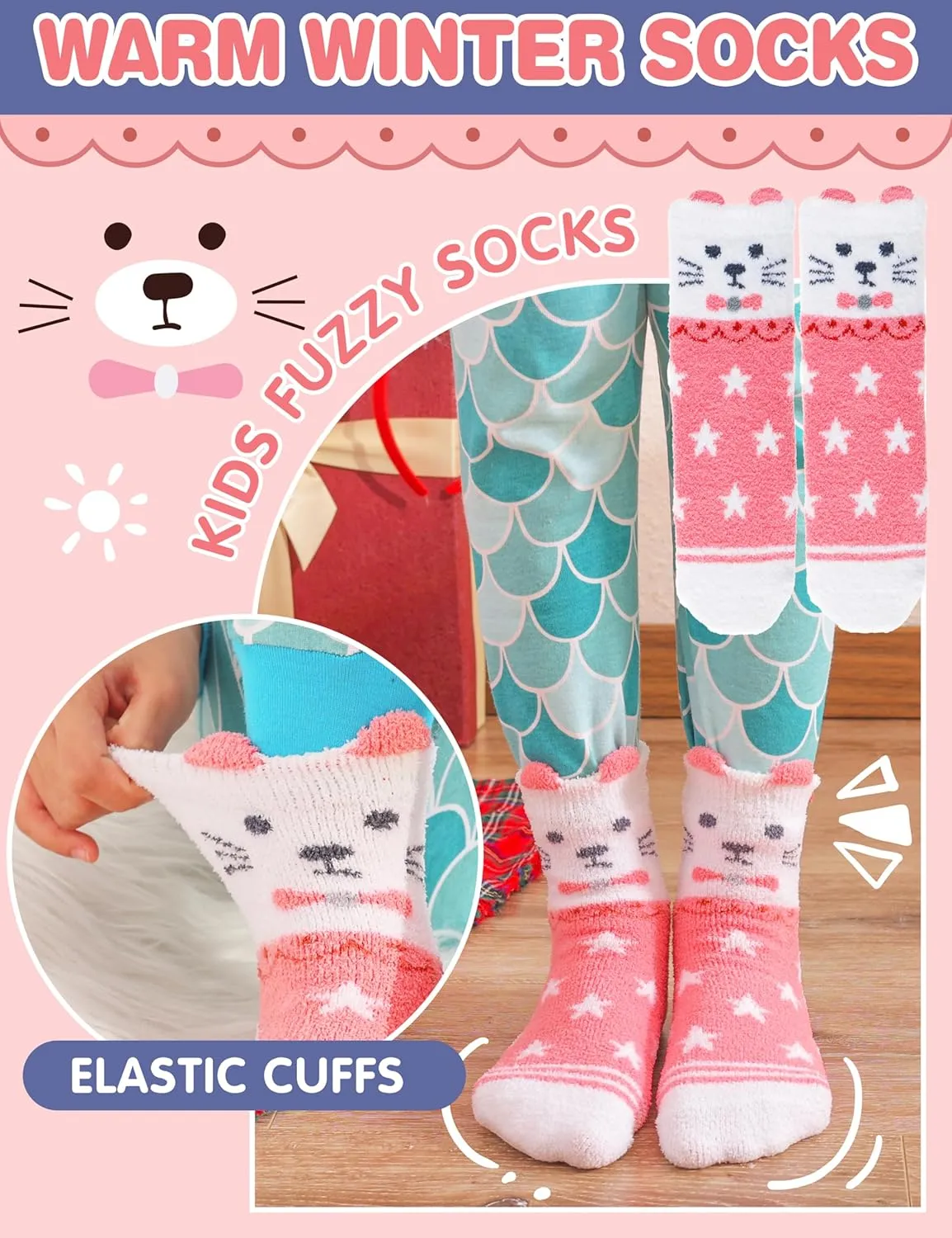 EBMORE Girls Kids Toddler Fuzzy Socks with Grips Non Slip Slipper Socks Crew Cabin Cozy Fluffy Warm Winter Socks 6 Pairs