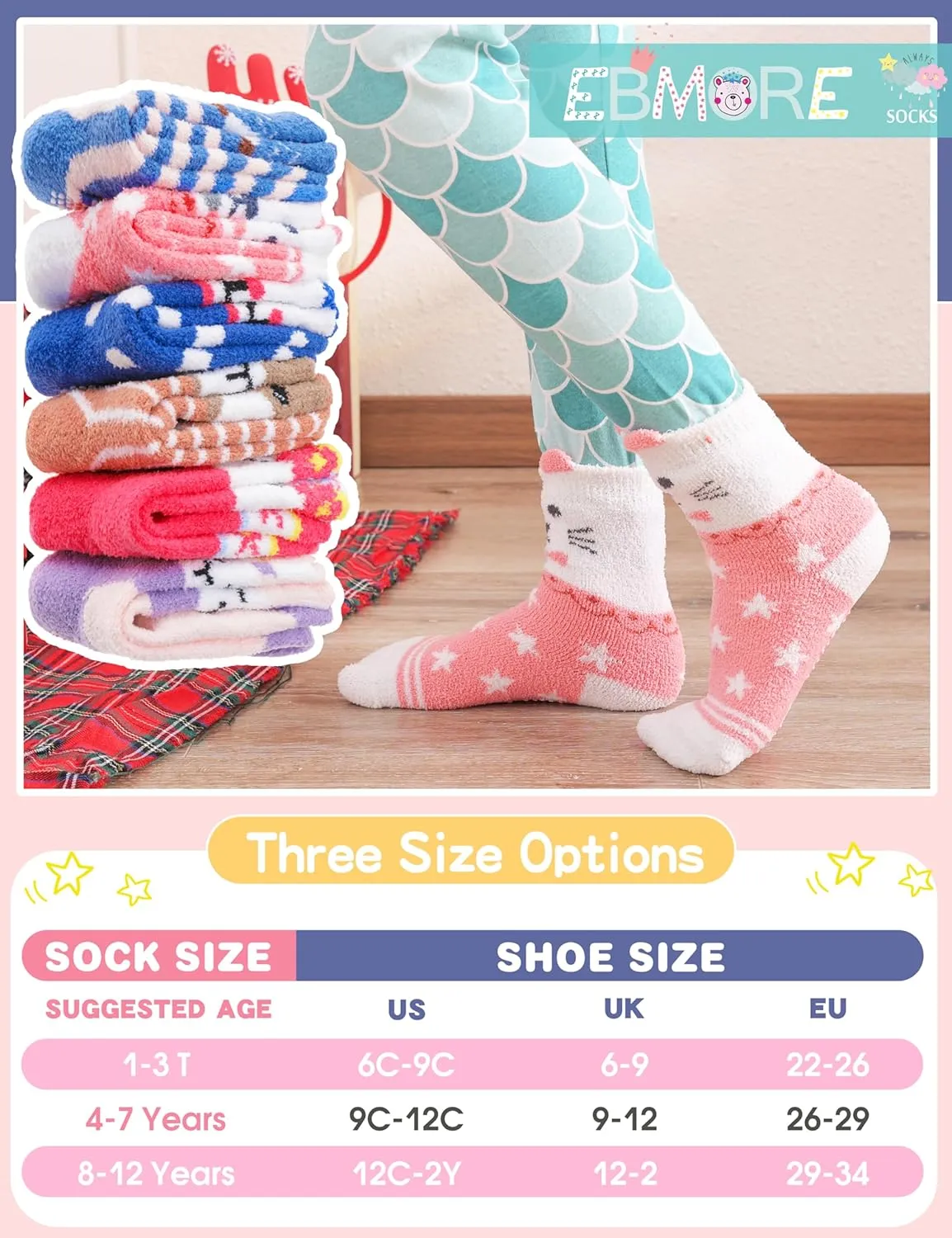 EBMORE Girls Kids Toddler Fuzzy Socks with Grips Non Slip Slipper Socks Crew Cabin Cozy Fluffy Warm Winter Socks 6 Pairs