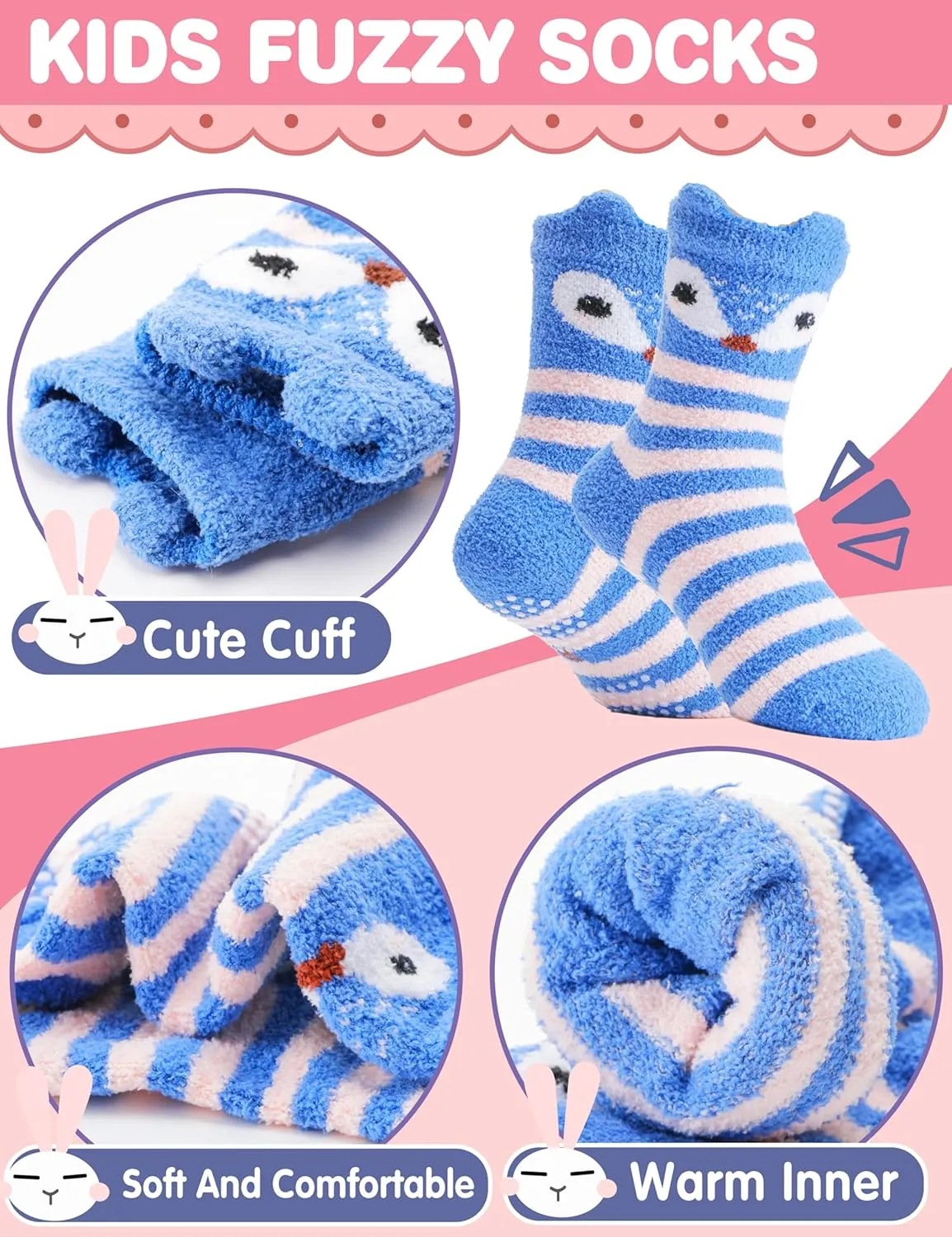 EBMORE Girls Kids Toddler Fuzzy Socks with Grips Non Slip Slipper Socks Crew Cabin Cozy Fluffy Warm Winter Socks 6 Pairs