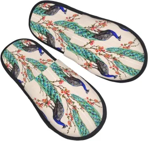 Elegant Peacock House Slippers for Women Men Winter Spa Slippers Indoor Soft Home Shoes Non Slip Memory Foam Slipper for Hotel Bedroom Travel