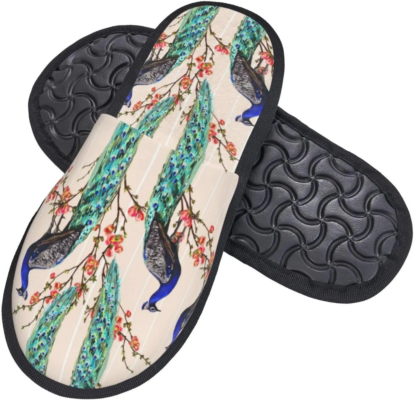 Elegant Peacock House Slippers for Women Men Winter Spa Slippers Indoor Soft Home Shoes Non Slip Memory Foam Slipper for Hotel Bedroom Travel