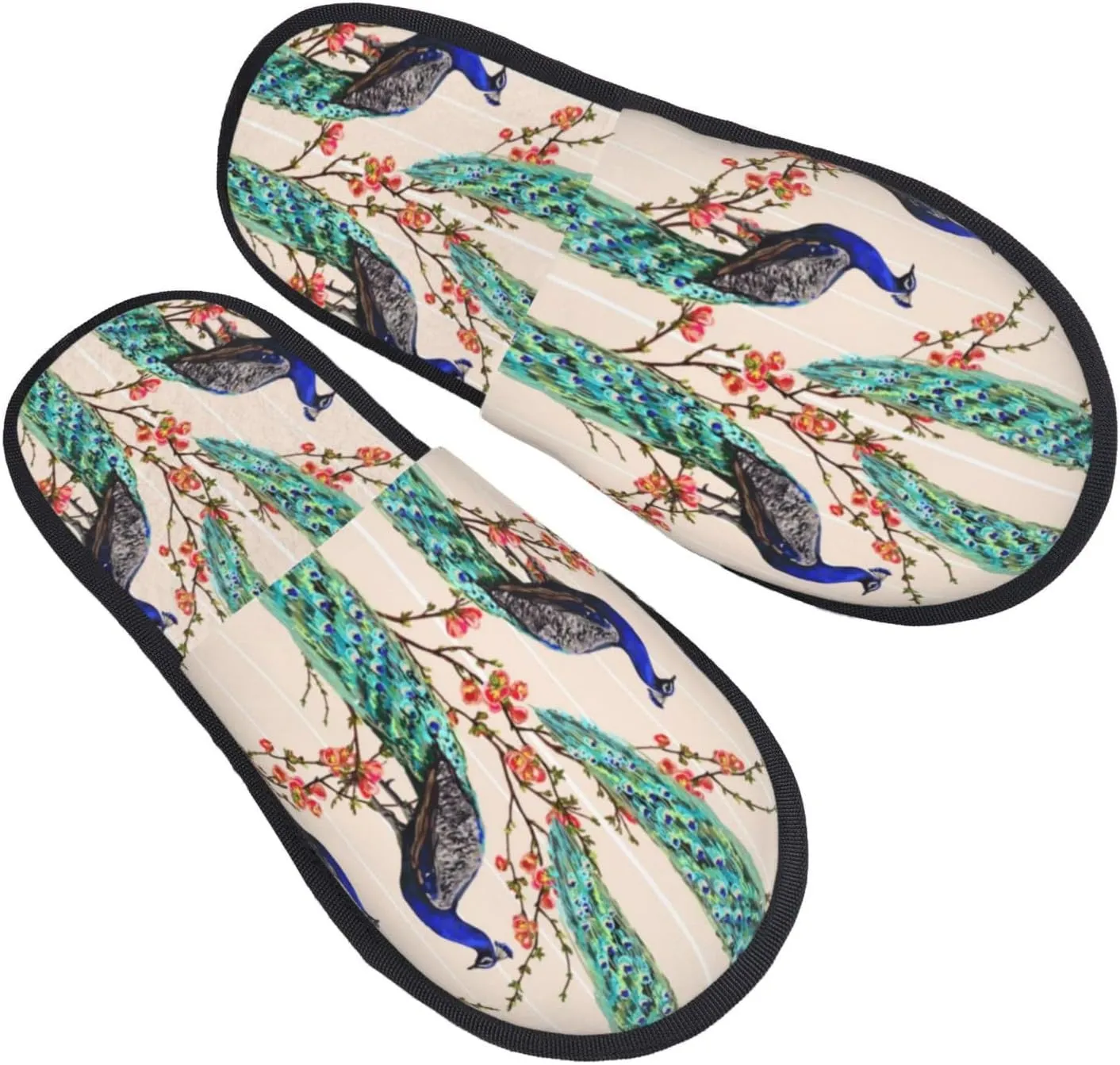 Elegant Peacock House Slippers for Women Men Winter Spa Slippers Indoor Soft Home Shoes Non Slip Memory Foam Slipper for Hotel Bedroom Travel