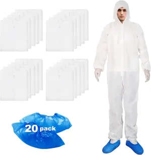 ETERNA Hazmat Suits- 20 Pack Disposable Protective Coveralls with Hood, Zipper, Elastic Wrists, Shoe Covers for Men & Women, Shield from Dirt, Dust, Paint (White, XX-Large)