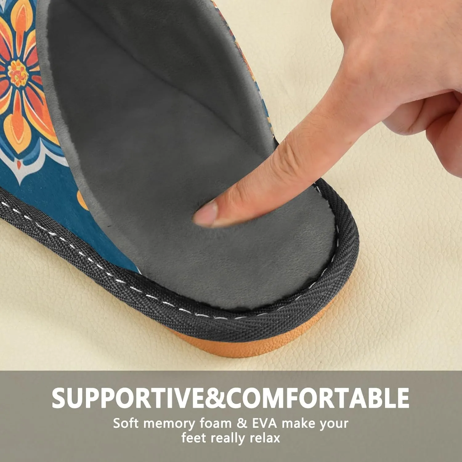 Ethnic Flowers Pattern House Slippers, Non Slip Slippers for Women Men Warm Slippers House Shoes Indoor Outdoor Slippers