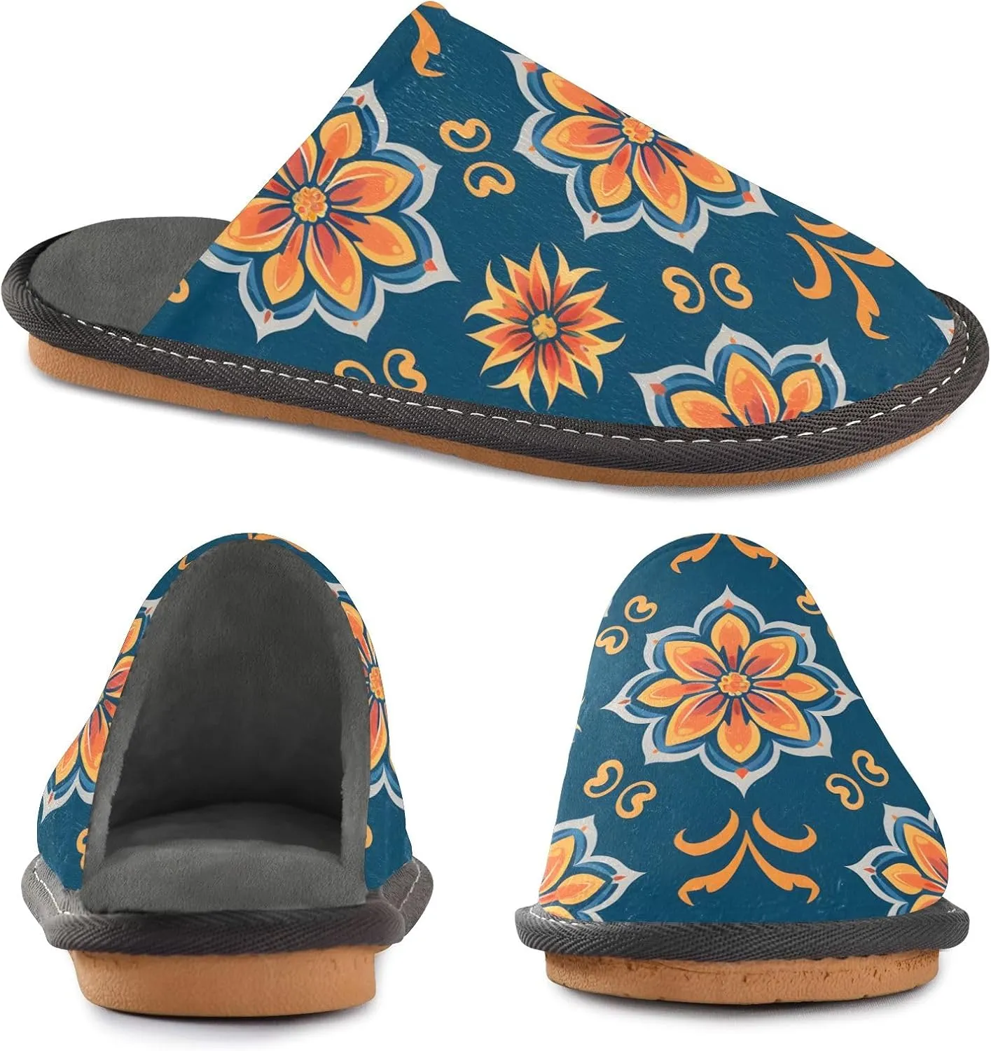 Ethnic Flowers Pattern House Slippers, Non Slip Slippers for Women Men Warm Slippers House Shoes Indoor Outdoor Slippers