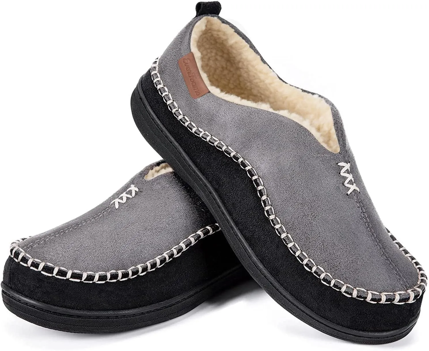 EverFoams Men's Moccasin Slippers Memory Foam Indoor/Outdoor Warm Suede House Shoes with Fuzzy Sherpa Lining