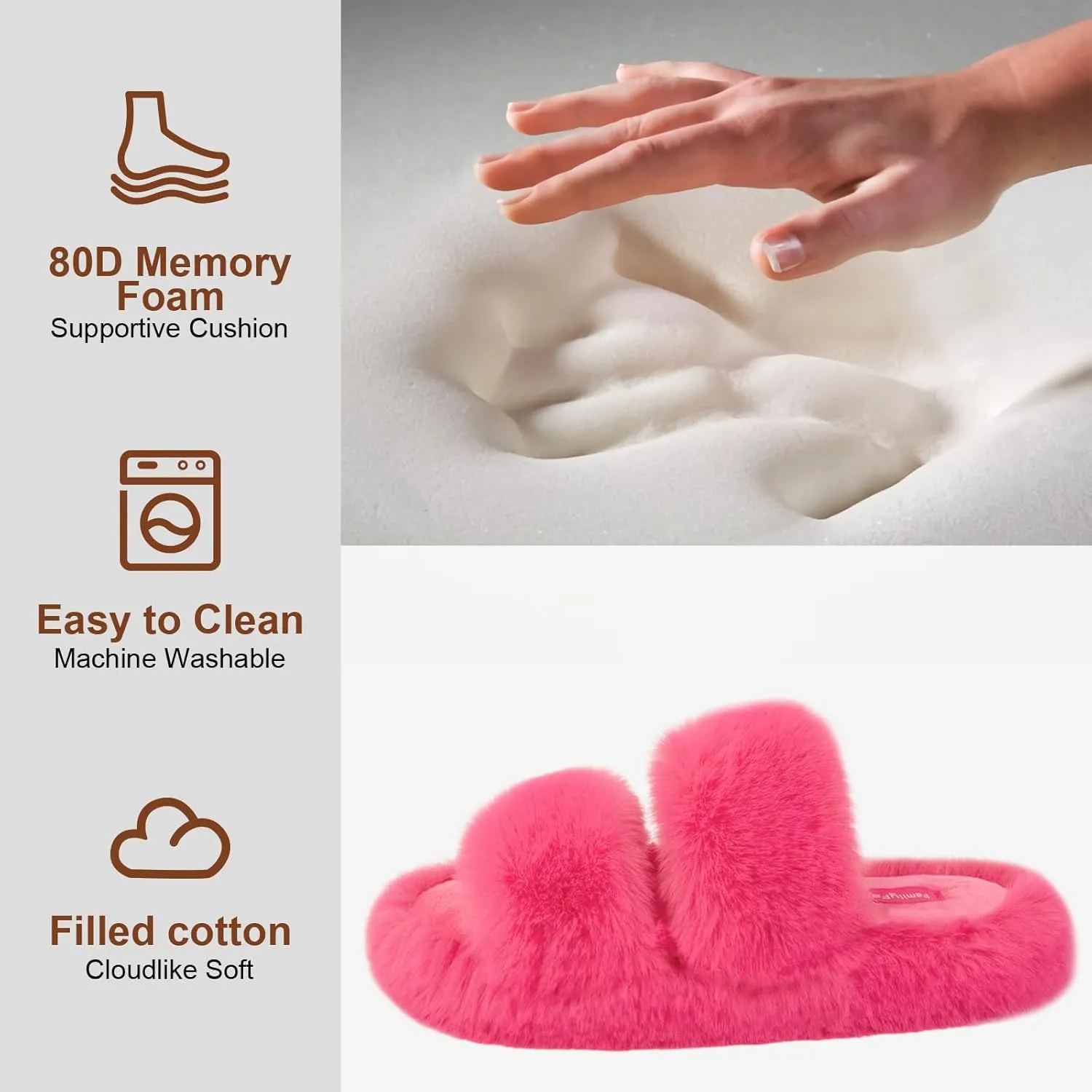 FamilyFairy Women's Fluffy Faux Fur Slippers Comfy Open Toe Two Band Slides with Fleece Lining and Rubber Sole