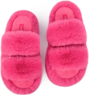 FamilyFairy Women's Fluffy Faux Fur Slippers Comfy Open Toe Two Band Slides with Fleece Lining and Rubber Sole