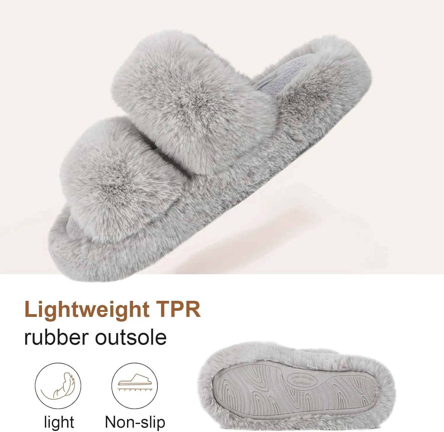 FamilyFairy Women's Fluffy Faux Fur Slippers Comfy Open Toe Two Band Slides with Fleece Lining and Rubber Sole