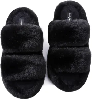 FamilyFairy Women's Fluffy Faux Fur Slippers Comfy Open Toe Two Band Slides with Fleece Lining and Rubber Sole