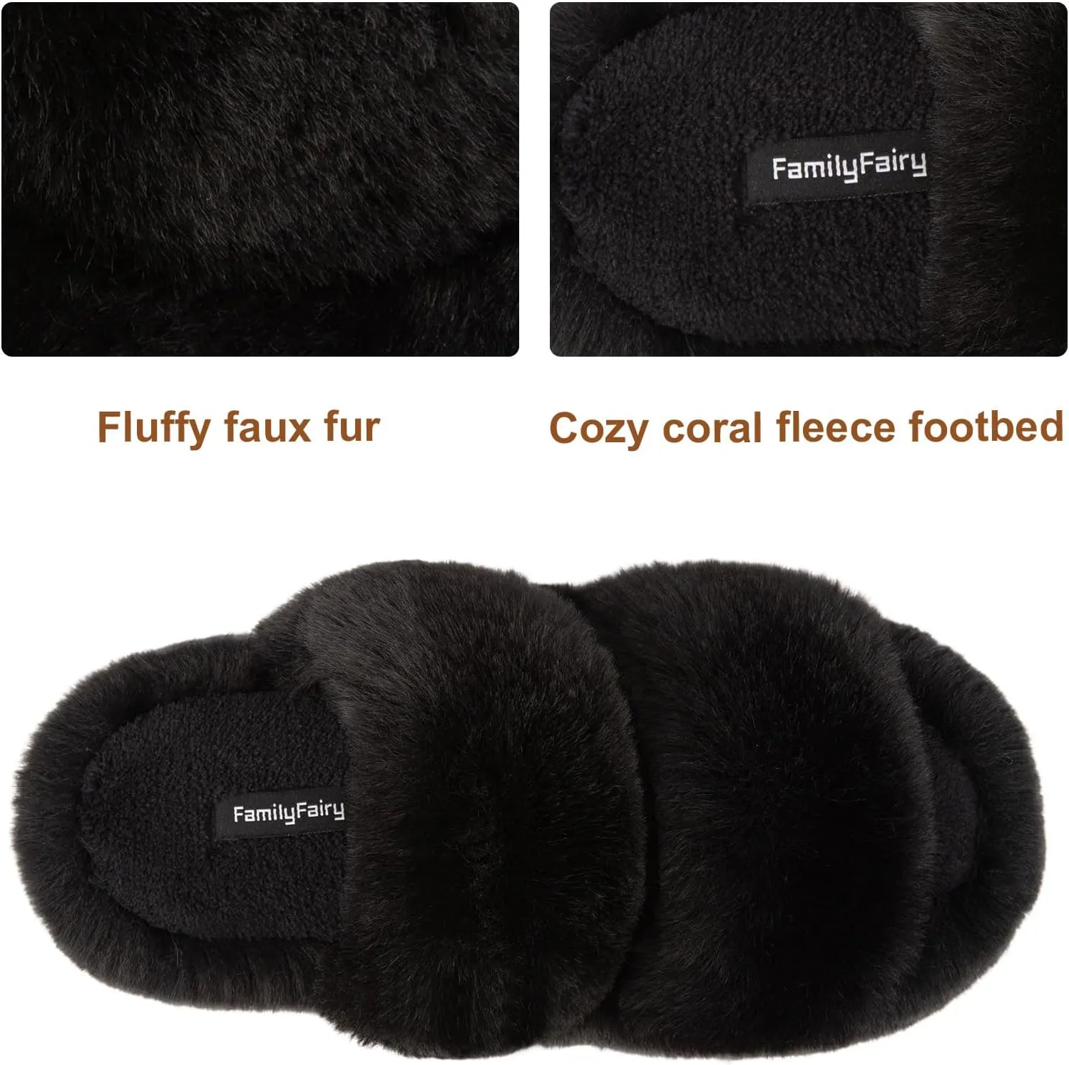 FamilyFairy Women's Fluffy Faux Fur Slippers Comfy Open Toe Two Band Slides with Fleece Lining and Rubber Sole