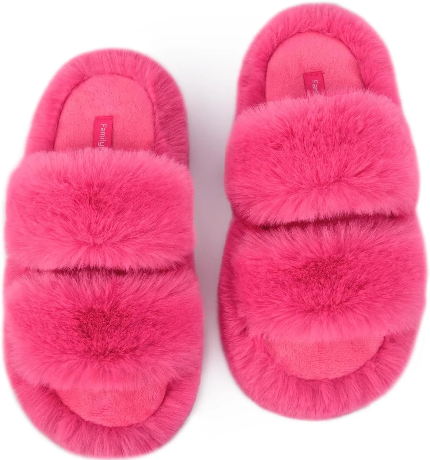 FamilyFairy Women's Fluffy Faux Fur Slippers Comfy Open Toe Two Band Slides with Fleece Lining and Rubber Sole