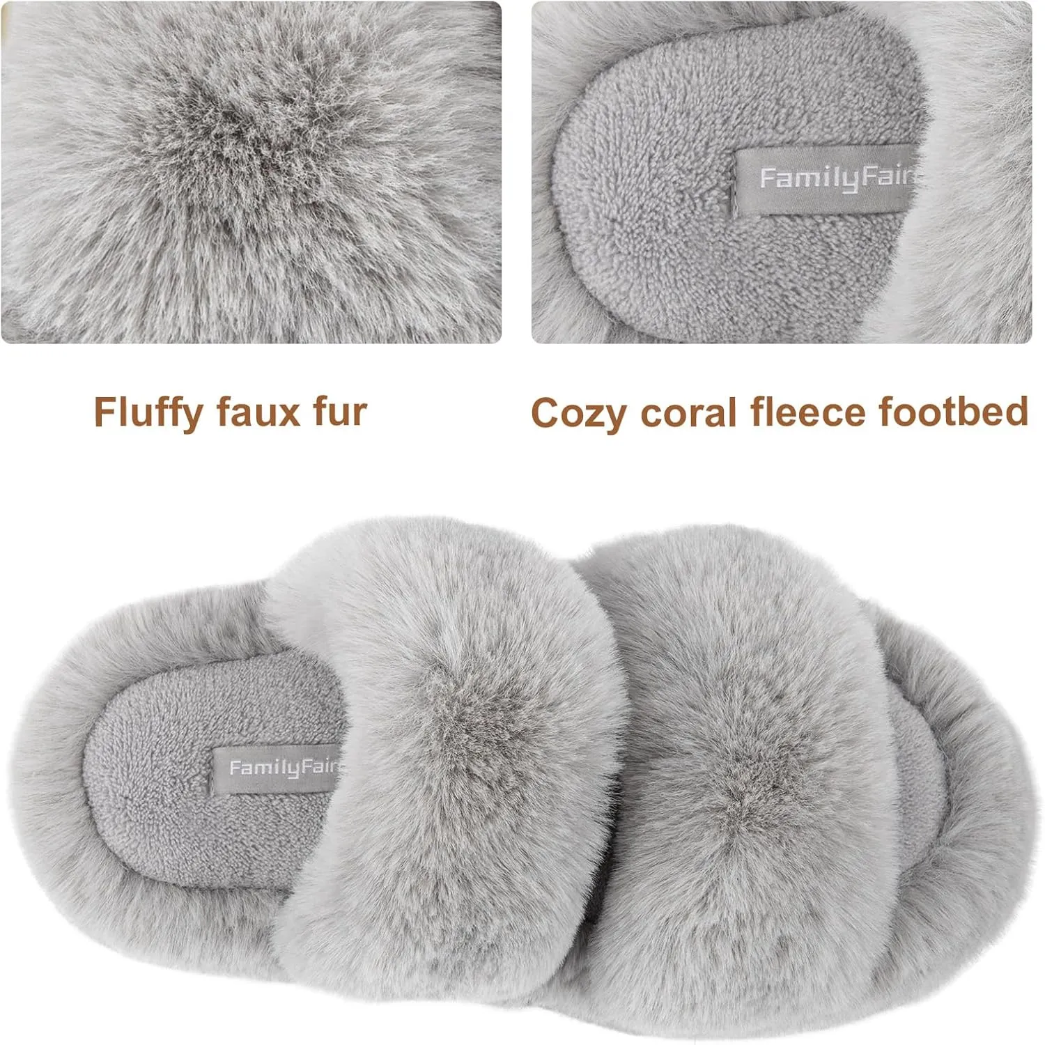 FamilyFairy Women's Fluffy Faux Fur Slippers Comfy Open Toe Two Band Slides with Fleece Lining and Rubber Sole