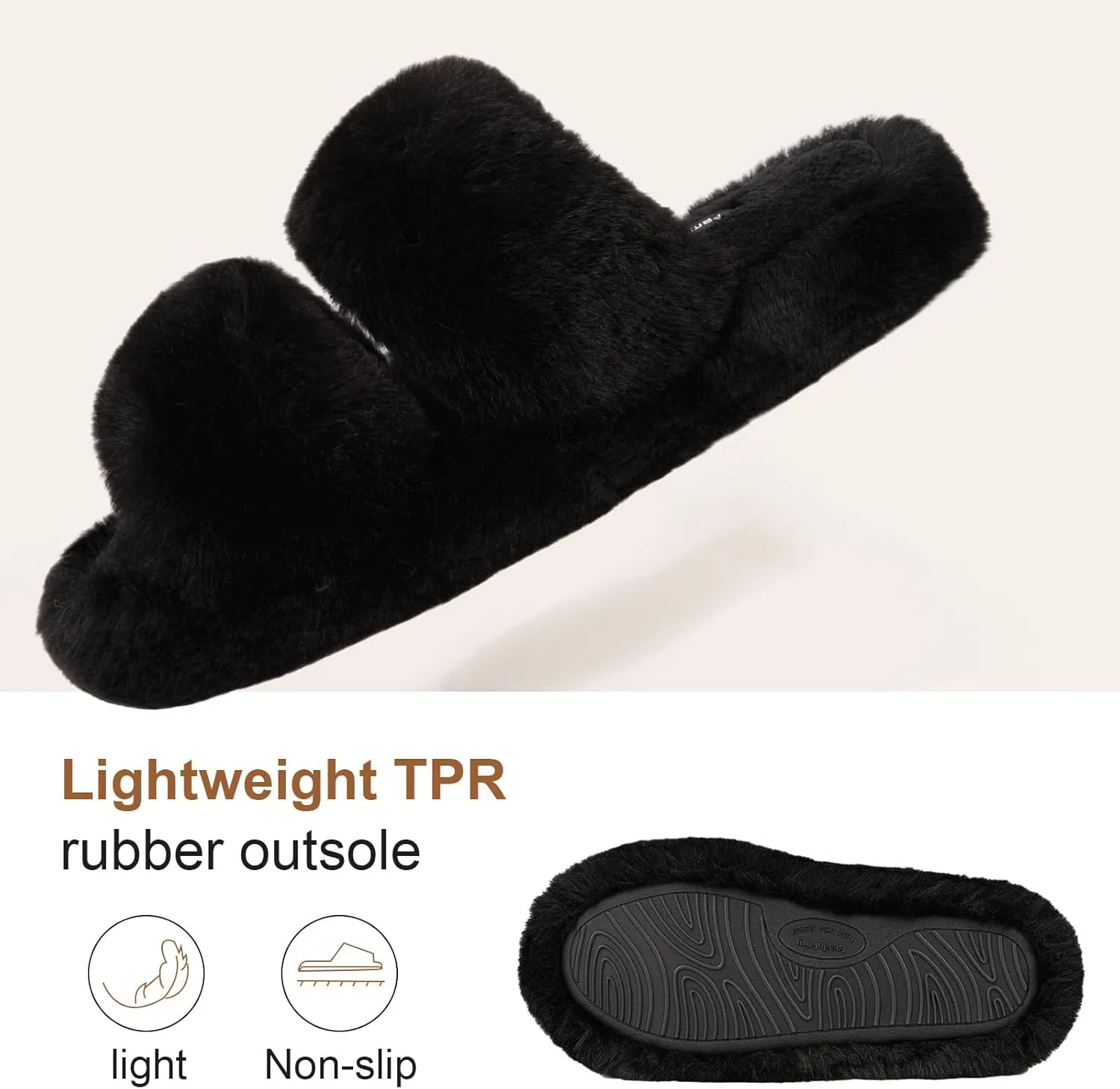FamilyFairy Women's Fluffy Faux Fur Slippers Comfy Open Toe Two Band Slides with Fleece Lining and Rubber Sole