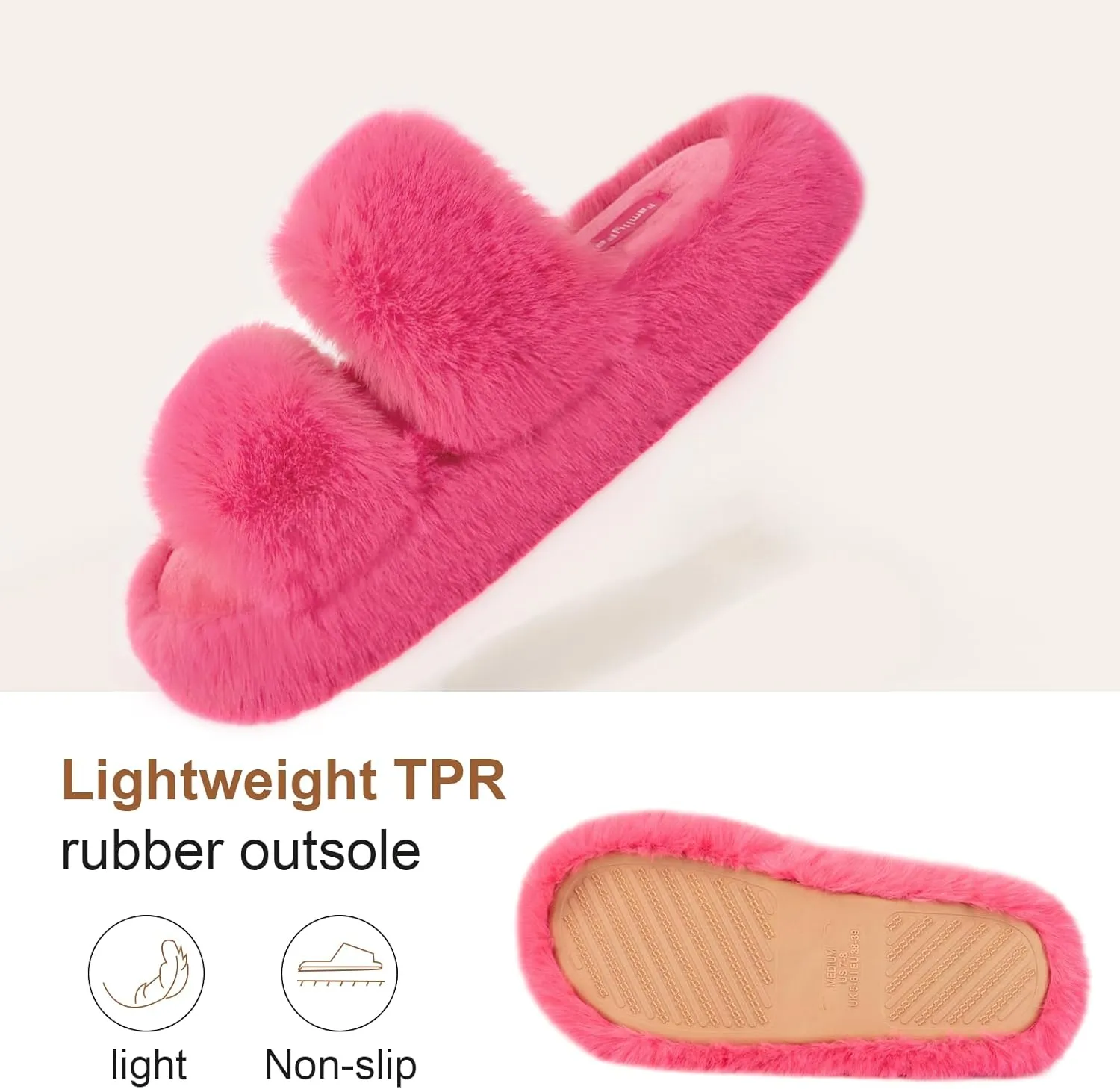 FamilyFairy Women's Fluffy Faux Fur Slippers Comfy Open Toe Two Band Slides with Fleece Lining and Rubber Sole