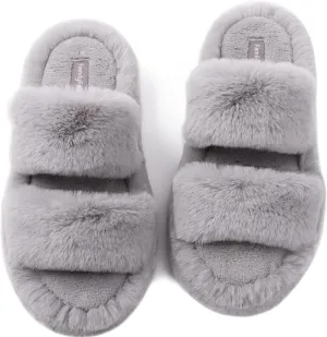 FamilyFairy Women's Fluffy Faux Fur Slippers Comfy Open Toe Two Band Slides with Fleece Lining and Rubber Sole
