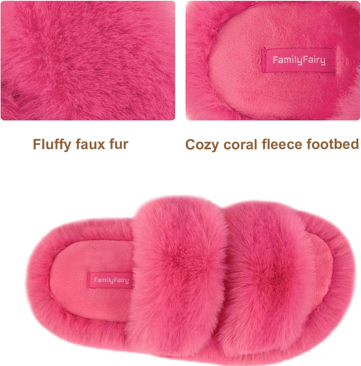 FamilyFairy Women's Fluffy Faux Fur Slippers Comfy Open Toe Two Band Slides with Fleece Lining and Rubber Sole