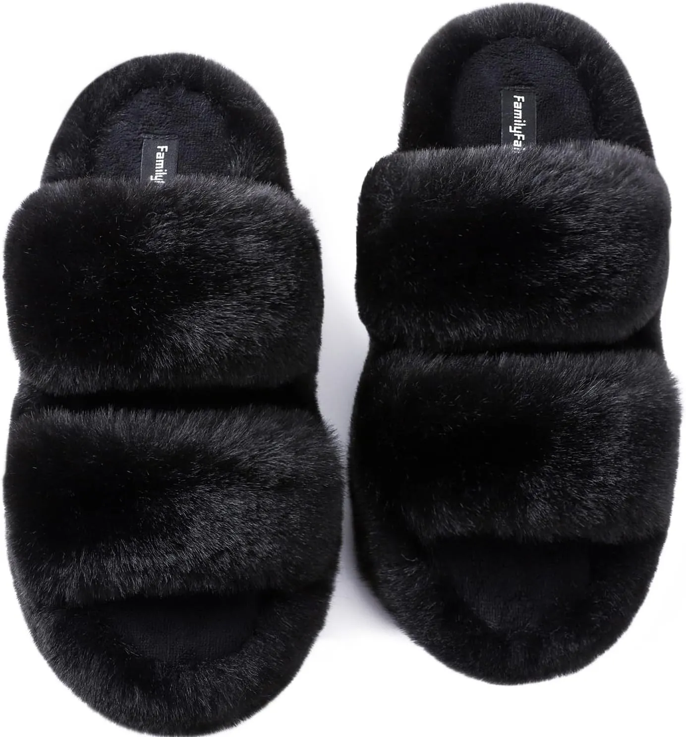 FamilyFairy Women's Fluffy Faux Fur Slippers Comfy Open Toe Two Band Slides with Fleece Lining and Rubber Sole