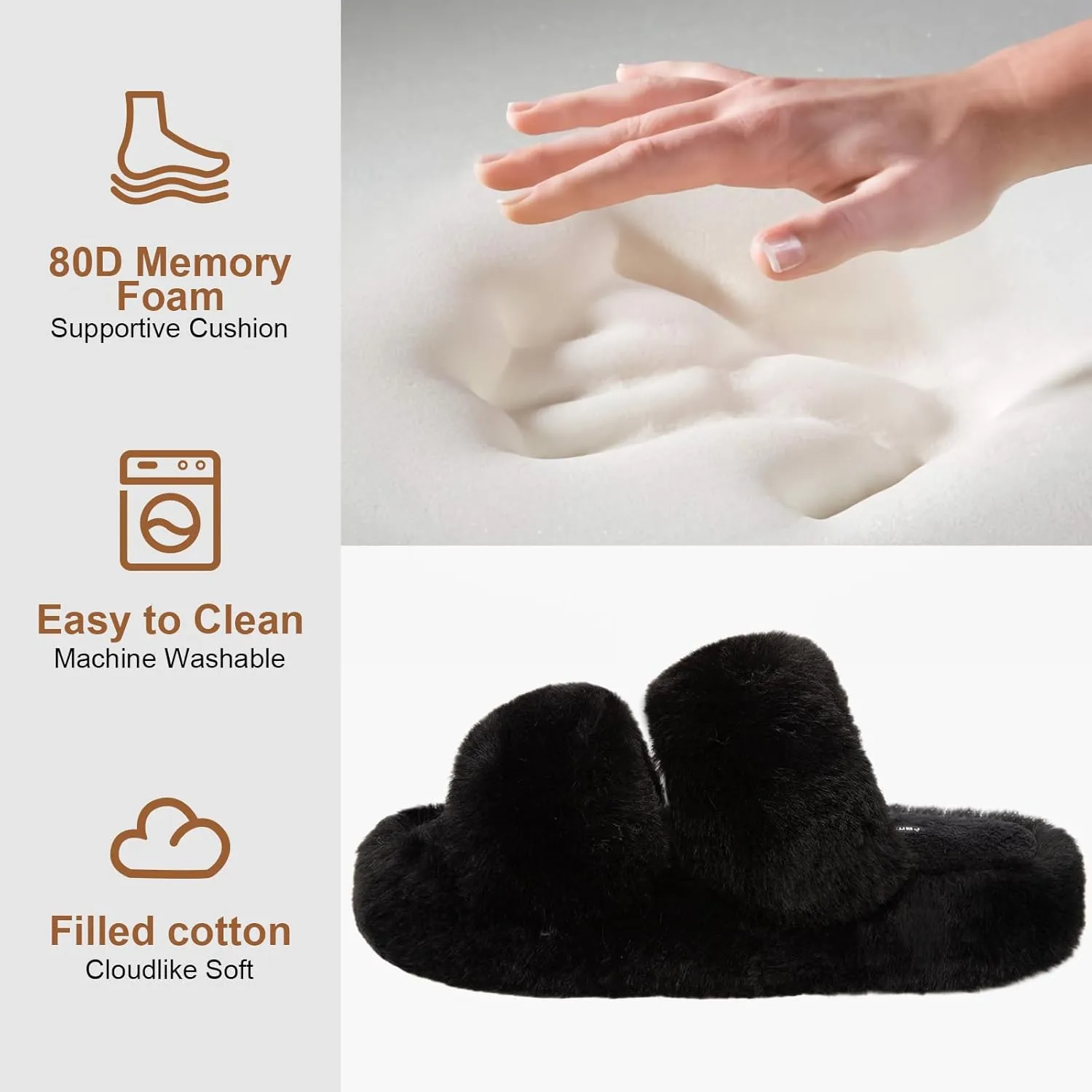 FamilyFairy Women's Fluffy Faux Fur Slippers Comfy Open Toe Two Band Slides with Fleece Lining and Rubber Sole