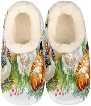 Farm Rooster Women Closed Back House Slippers, Funny Chickens Womens Mens Winter Indoor Slippers, Soft Cozy Warm Fuzzy Memory Foam Anti-Slip Slippers