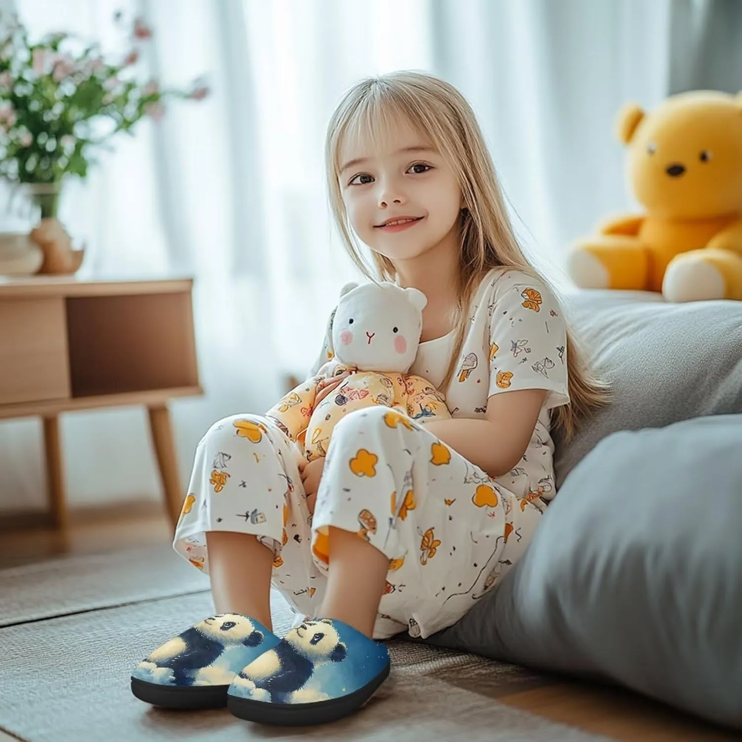 Flannel Slippers for Kids, Closed Toe Fluffy Slippers for Winter, Comfy Soft Home Slippers for Walking