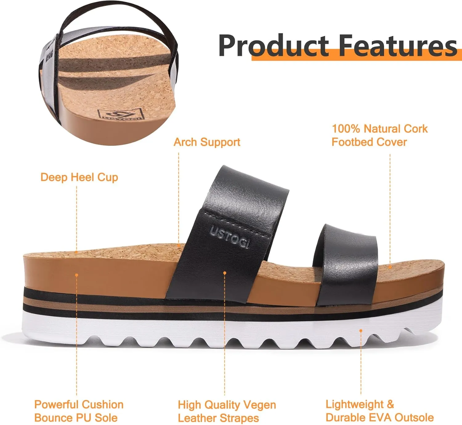 Flatform Platform Sandals Women Arch Support Beach Slides Orthotic Summer Causal Cork Footbed Adjustable Lightweight Thick Sole Comfortable Fashion Slip on Cushion Cute 2 Strap