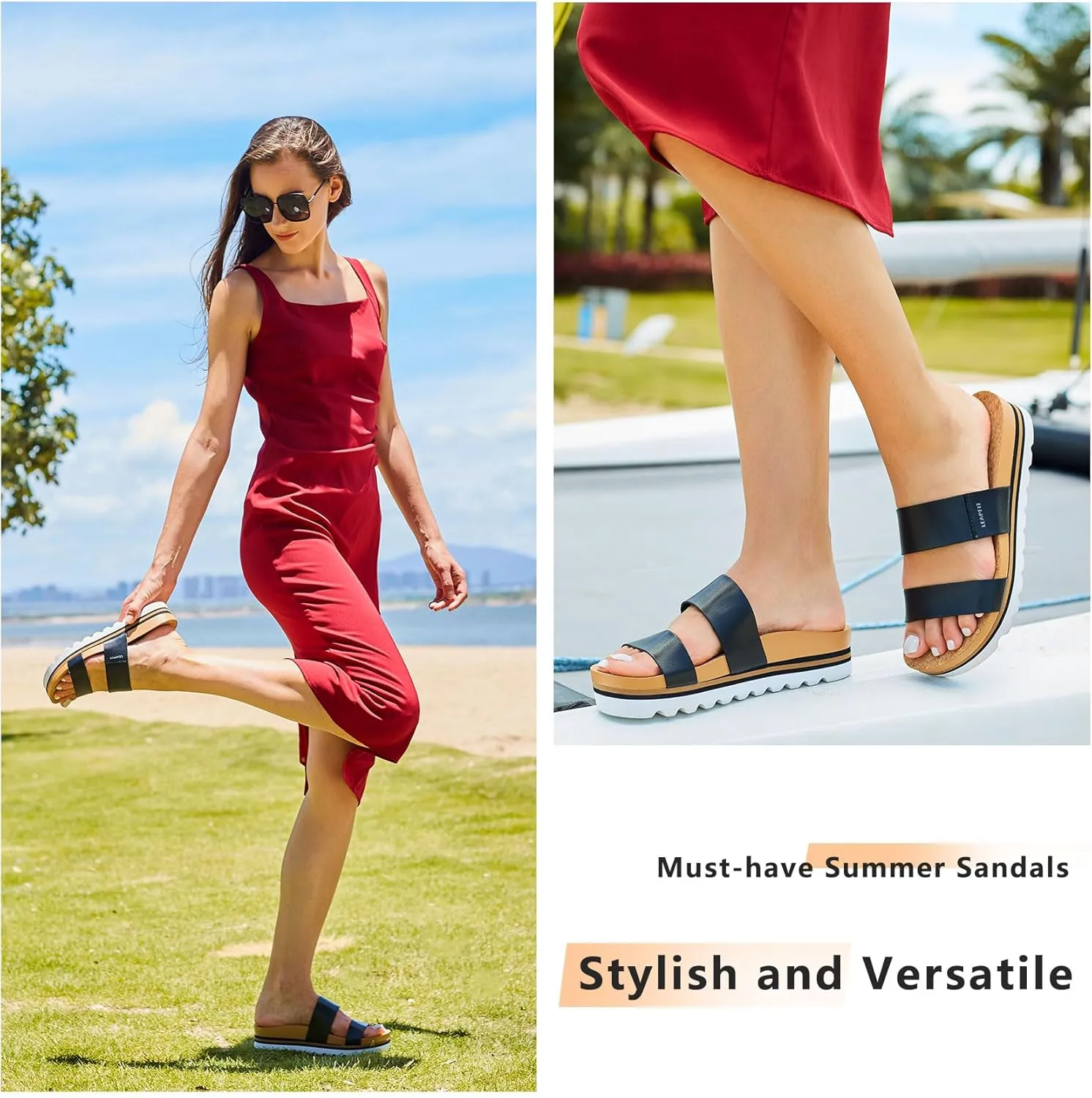 Flatform Platform Sandals Women Arch Support Beach Slides Orthotic Summer Causal Cork Footbed Adjustable Lightweight Thick Sole Comfortable Fashion Slip on Cushion Cute 2 Strap