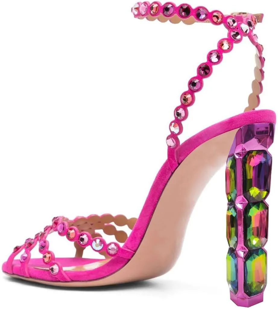 FSJ Women Jeweled High Heel Sandals Rhinestones Diamonds Chunky Block Heel Ankle Strap Buckle Open Toe Fashion Party Evening Wedding Dress Shoes Size 4-15 US