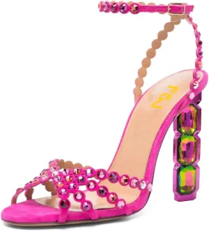 FSJ Women Jeweled High Heel Sandals Rhinestones Diamonds Chunky Block Heel Ankle Strap Buckle Open Toe Fashion Party Evening Wedding Dress Shoes Size 4-15 US