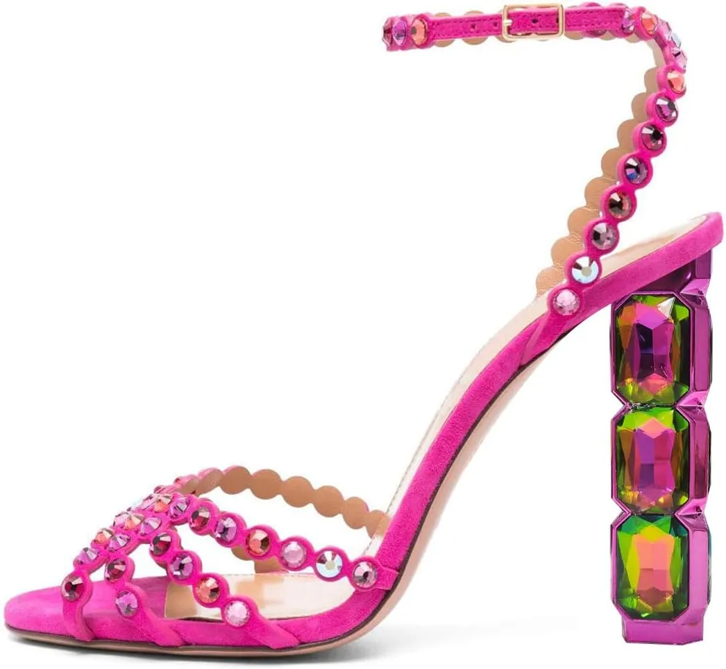 FSJ Women Jeweled High Heel Sandals Rhinestones Diamonds Chunky Block Heel Ankle Strap Buckle Open Toe Fashion Party Evening Wedding Dress Shoes Size 4-15 US