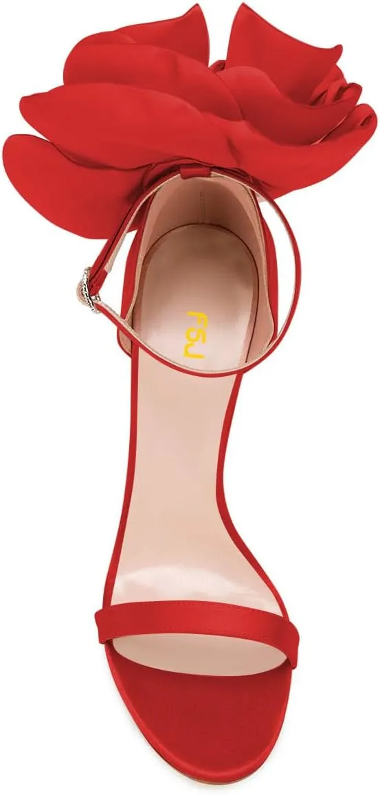 FSJ Women Open Toe Crystal Block Heels Sandals with Flower Bloom Back Ankle Strap Buckle Silk Satin Chunky Thick High Heels Wedding Party Pump Shoes Size 4-16 US