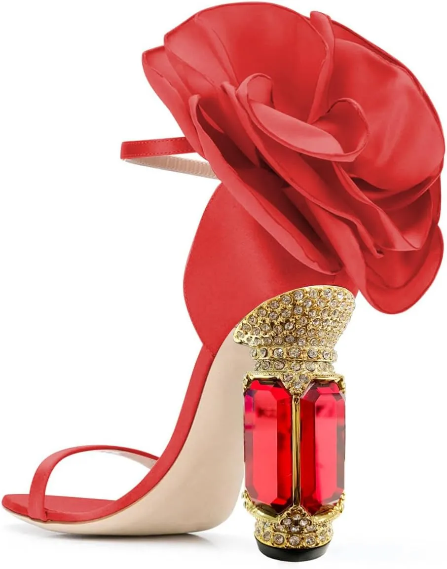 FSJ Women Open Toe Crystal Block Heels Sandals with Flower Bloom Back Ankle Strap Buckle Silk Satin Chunky Thick High Heels Wedding Party Pump Shoes Size 4-16 US