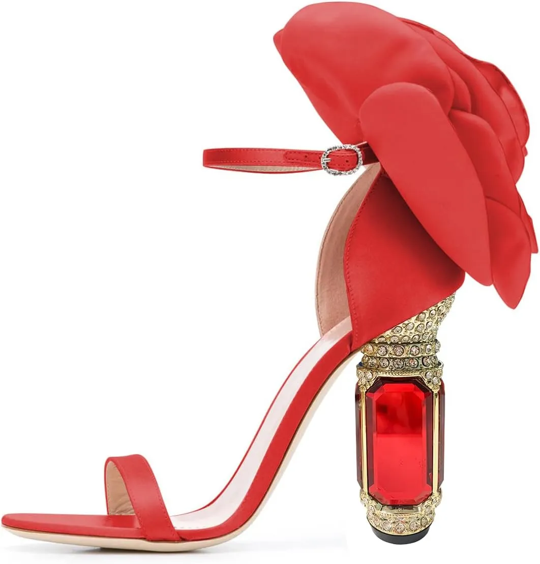 FSJ Women Open Toe Crystal Block Heels Sandals with Flower Bloom Back Ankle Strap Buckle Silk Satin Chunky Thick High Heels Wedding Party Pump Shoes Size 4-16 US