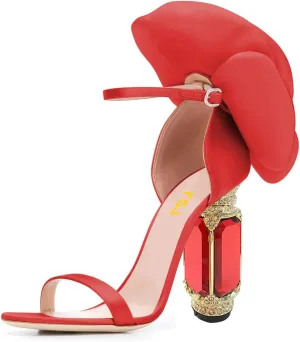 FSJ Women Open Toe Crystal Block Heels Sandals with Flower Bloom Back Ankle Strap Buckle Silk Satin Chunky Thick High Heels Wedding Party Pump Shoes Size 4-16 US