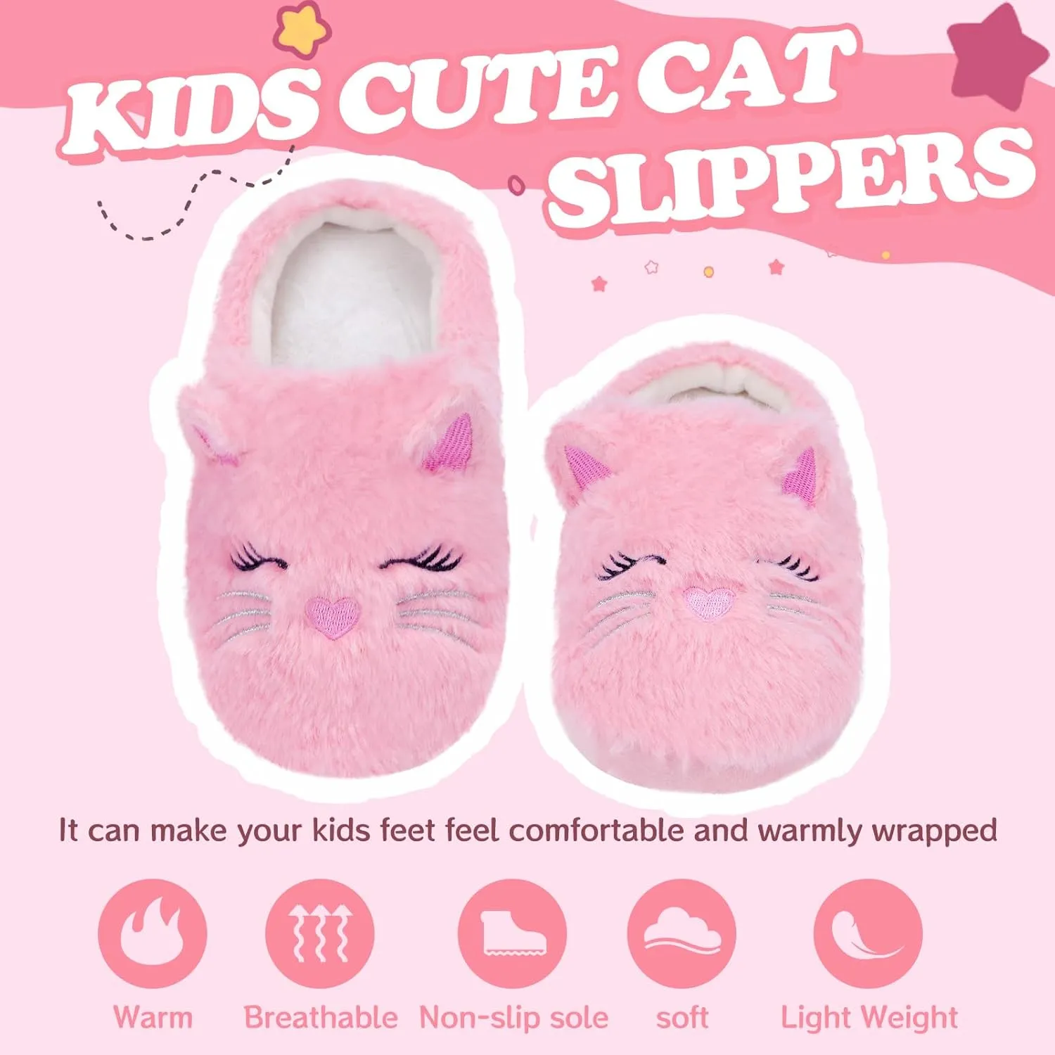 Fuzzy Cat Slippers for Girls, Funny Animal House Shoes with Soft Memory Foam, Comfy Plush Warm Slip-on Slippers