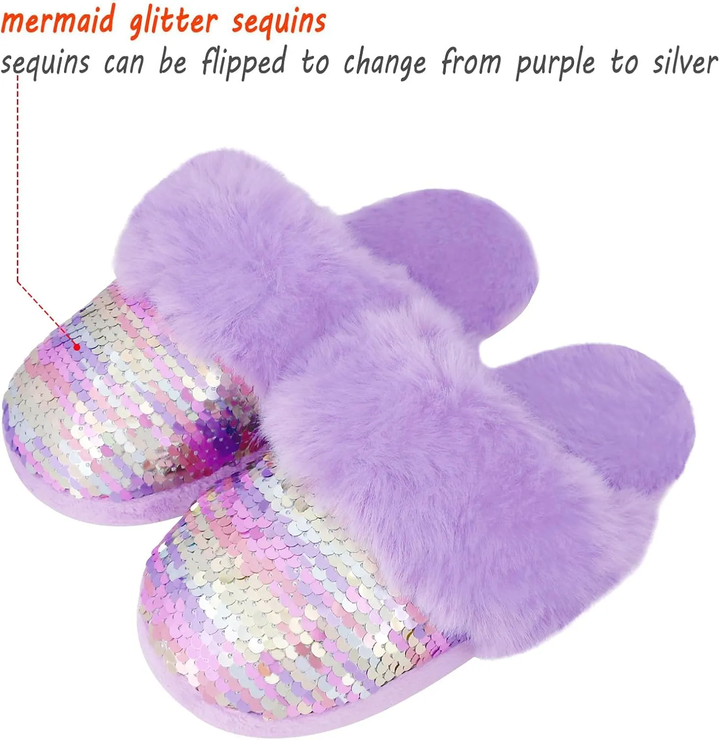 Girls Fluffy Slippers,Sequin Faux Fur Fuzzy Slip-on House Slippers with Memory Foam House Shoes for Girls Bedroom Slippers