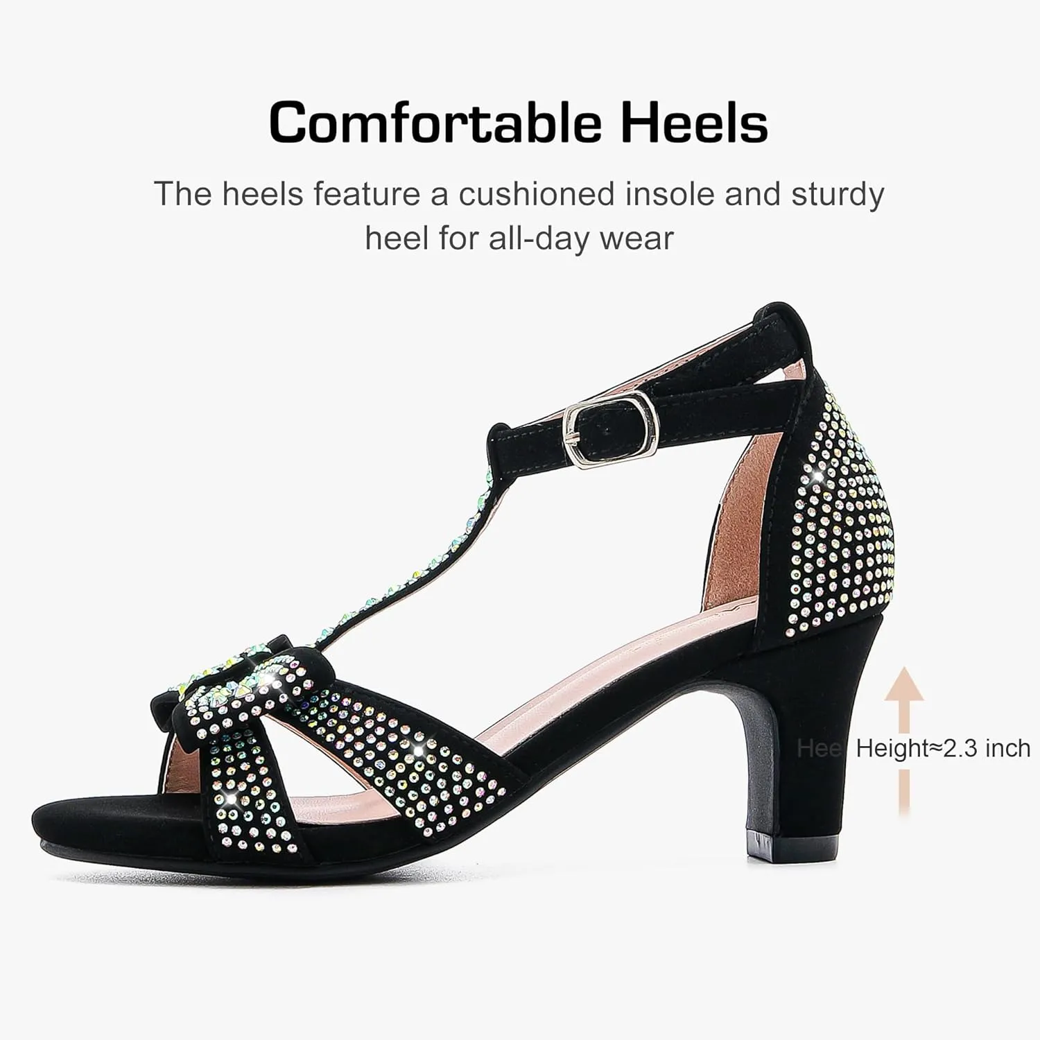 Girls Heel Sandals Dress Pump Open Toe T Strap Rhinestone Sandals Wedding Party Prom Shoes Little Big Kids