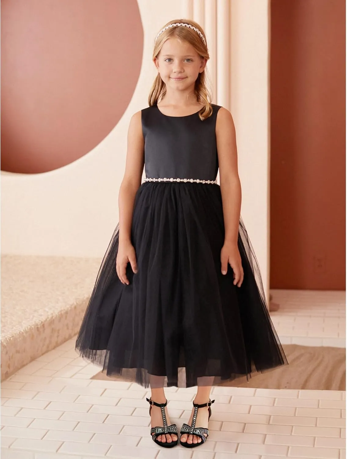 Girls Heel Sandals Dress Pump Open Toe T Strap Rhinestone Sandals Wedding Party Prom Shoes Little Big Kids