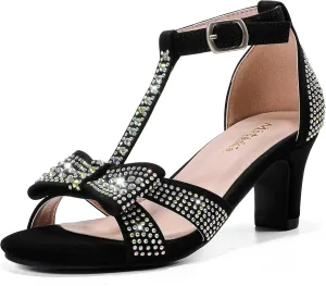 Girls Heel Sandals Dress Pump Open Toe T Strap Rhinestone Sandals Wedding Party Prom Shoes Little Big Kids