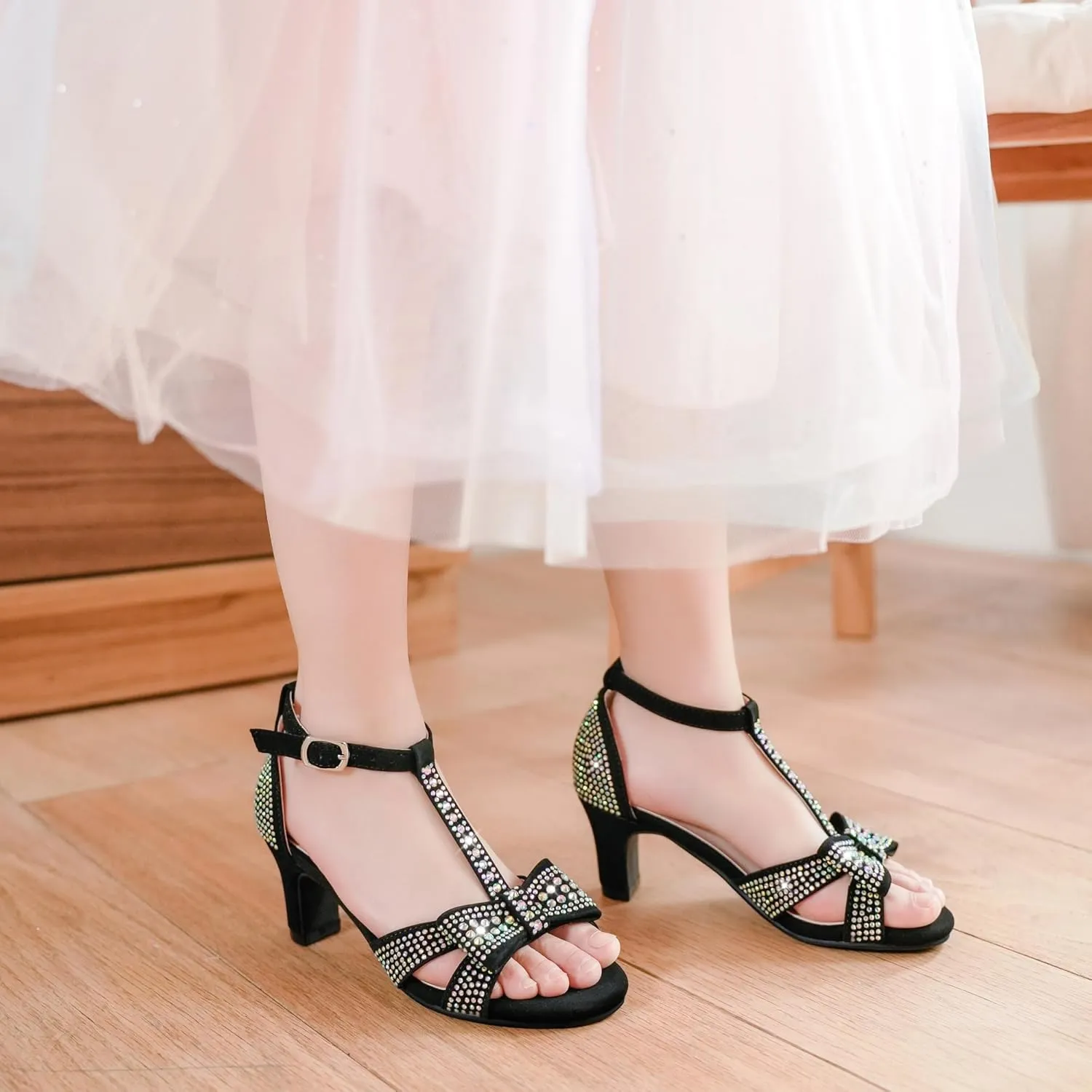 Girls Heel Sandals Dress Pump Open Toe T Strap Rhinestone Sandals Wedding Party Prom Shoes Little Big Kids