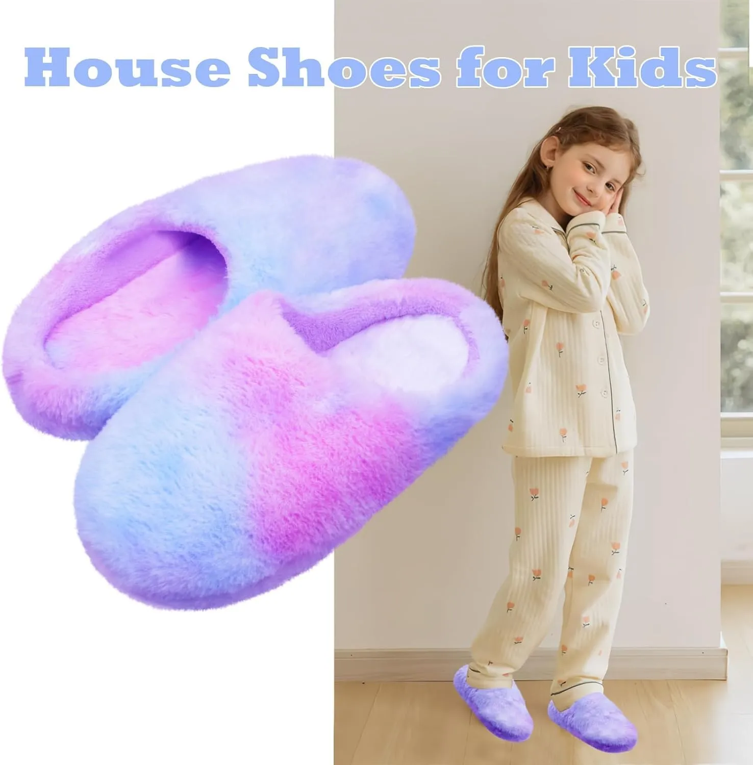 Girl's Plush House Slippers Comfy Faux Fur Non-Slip Rubber Sole House Shoes for Kids Bedroom Indoor Outdoor Warm Shoes