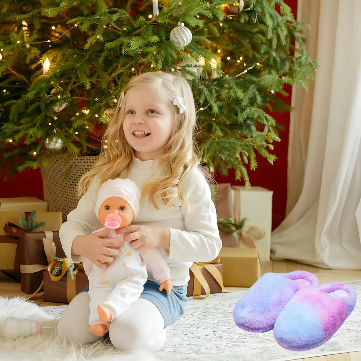 Girl's Plush House Slippers Comfy Faux Fur Non-Slip Rubber Sole House Shoes for Kids Bedroom Indoor Outdoor Warm Shoes
