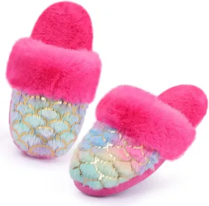 Girls Plush House Slippers Fluffy Multicolor Mermaid Slippers, Cute Faux Fur Slip-on Shoes Memory Foam House Slipper