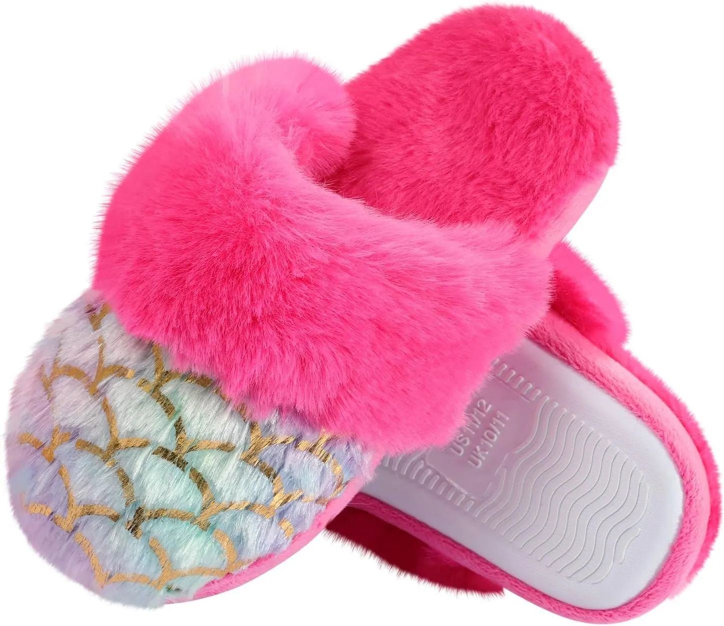 Girls Plush House Slippers Fluffy Multicolor Mermaid Slippers, Cute Faux Fur Slip-on Shoes Memory Foam House Slipper